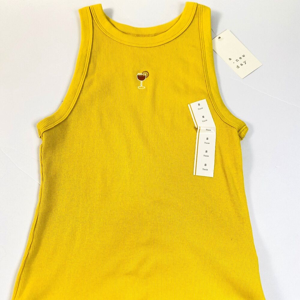 A New Day Embroidered Tank Top Womens Size Small Yellow Ribbed Knit NWT